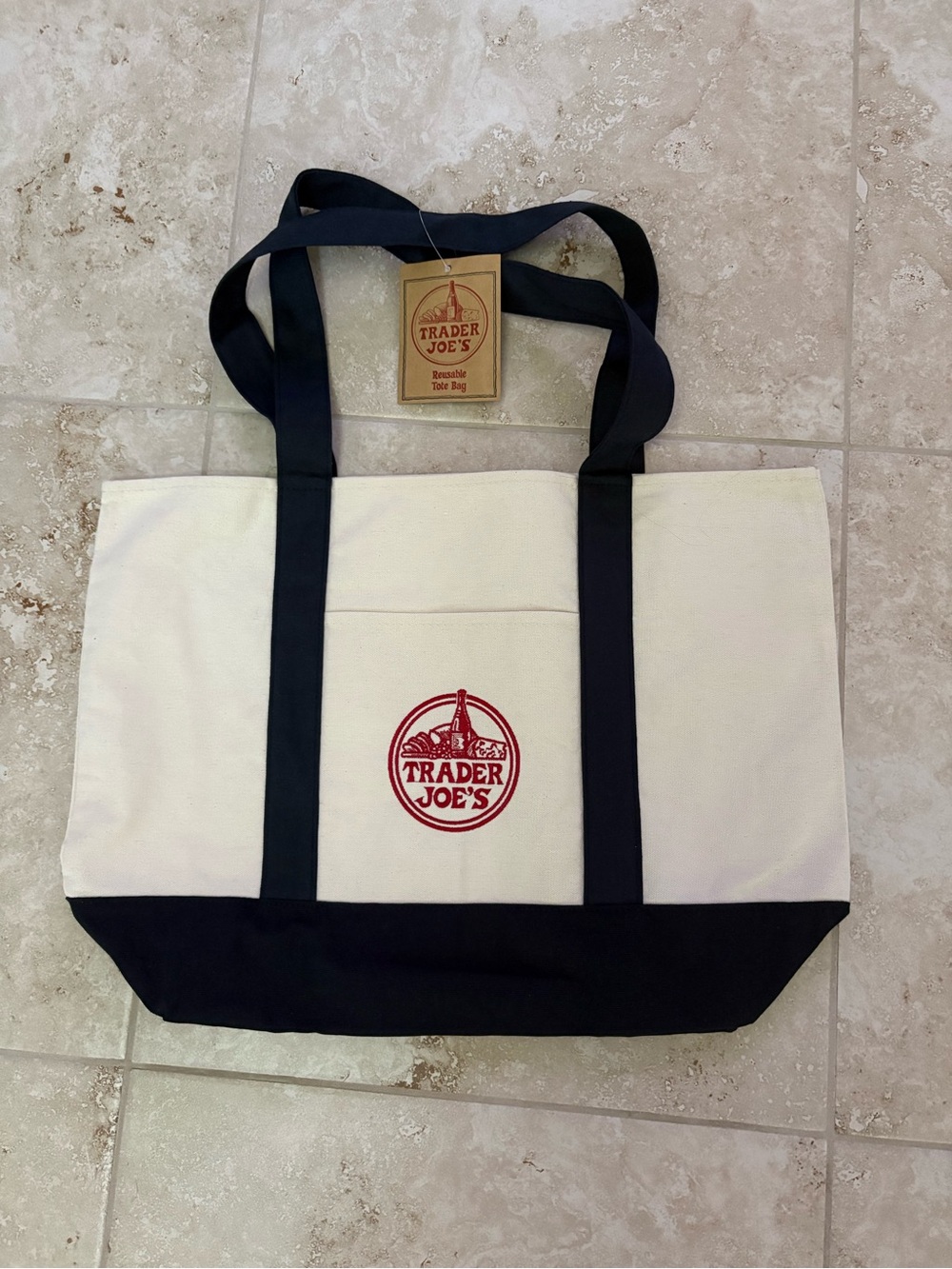 Cream and Navy Canvas Tote Bag